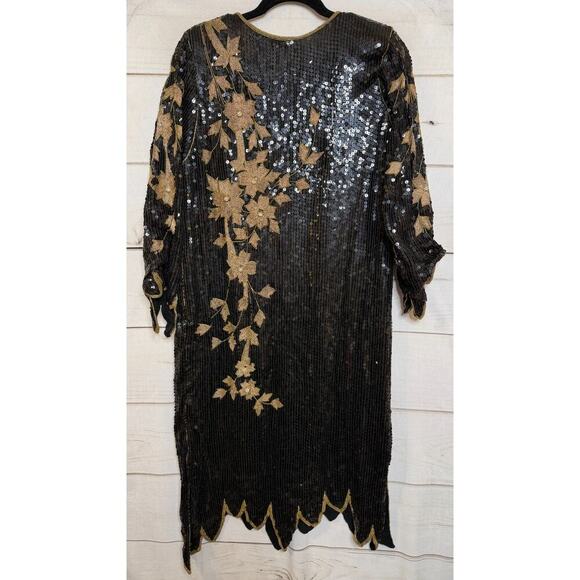 Vintage Sequin Drs Sz L Black Gold 100 Silk Festive Holiday Party Classic - Picture 2 of 7